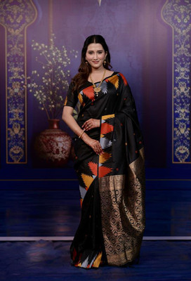 VIRDHI TEXTILE Geometric Print, Self Design Bollywood Silk Blend Saree(Black)