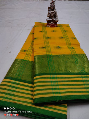 p fashion Self Design Tant Pure Cotton Saree(Green, Yellow)