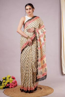 RP CREATION Printed Daily Wear Cotton Linen Saree(Multicolor)
