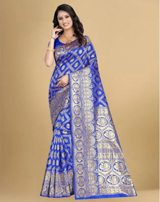 Samah Woven, Embellished Banarasi Silk Blend, Jacquard Saree(Blue)