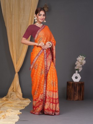 Anjanisut Sarees Printed Daily Wear Chiffon, Brasso Saree(Maroon, Orange)