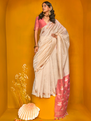 Sareemall Woven Jamdani Tussar Silk Saree(Cream)