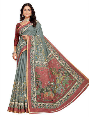 HouseOfCommon Printed Kanjivaram Pure Cotton, Cotton Linen Saree(Grey, Red)