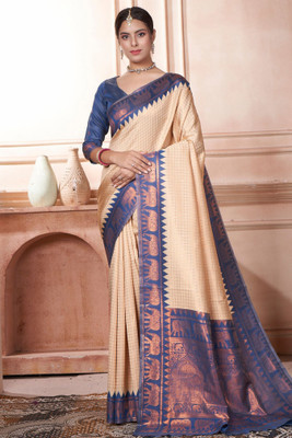 ROOP LAVANYA Woven Kanjivaram Jacquard, Art Silk Saree(Cream, Blue)