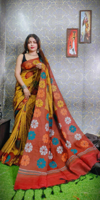 TITHISAREES Printed Sambalpuri Cotton Blend Saree(Gold)