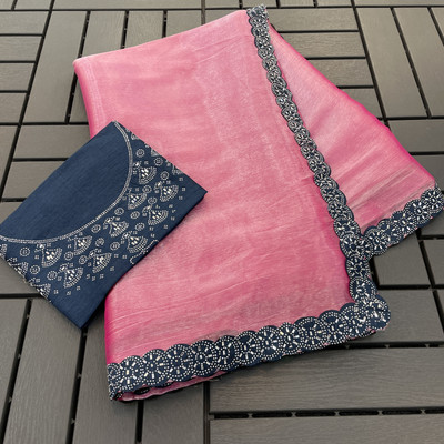 VarniRaaj Fashion Embellished, Embroidered Bollywood Art Silk Saree(Light Blue, Pink)