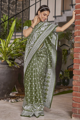 Sariya Printed Banarasi Jacquard, Silk Blend Saree(Green)