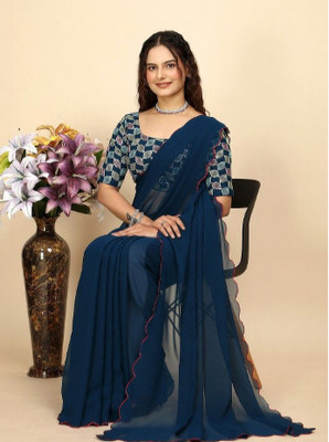 Nehdeep Fashion Solid/Plain, Geometric Print, Embellished Bollywood Georgette Saree(Blue)