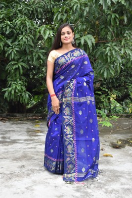 pal saree mahal Printed Handloom Cotton Silk Saree(Blue)