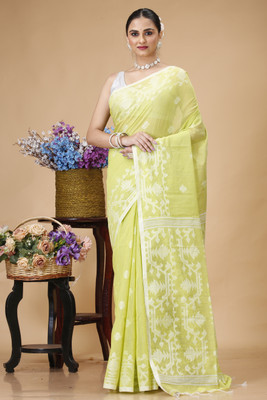 Bong ButiQ Woven Handloom Cotton Linen Saree(Light Green)