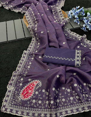 Tradivibe Embroidered Bollywood Chiffon Saree(Purple)