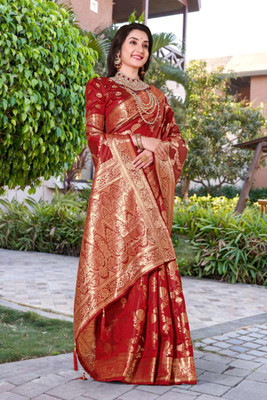 Wovenza Woven Bollywood Silk Blend Saree(Red)