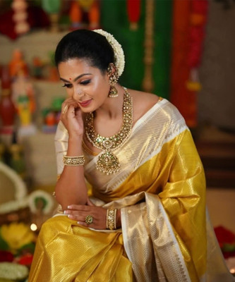 BilloRani Woven, Temple Border Banarasi Tissue, Organza Saree(Gold)