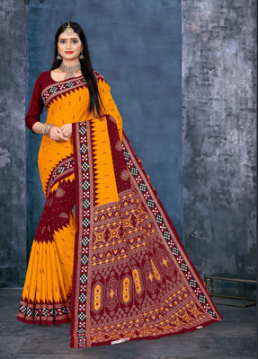ETHNIC ODISHA HANDLOOM Digital Print Sambalpuri Pure Cotton Saree(Orange)