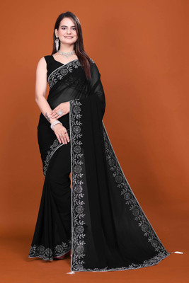 SHELDROM MART Solid/Plain Bollywood Georgette Saree(Black)