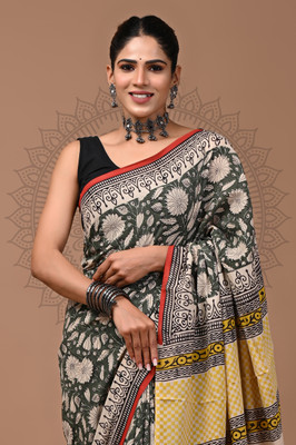 Taavi Blocked Printed Kota Doria Cotton Blend Saree(Black)