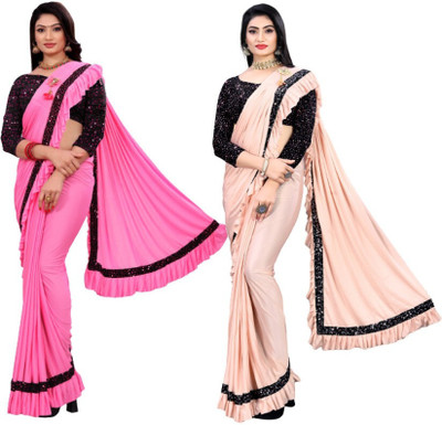 HouseOfCommon Self Design Bollywood Lycra Blend Saree(Pack of 2, Multicolor)