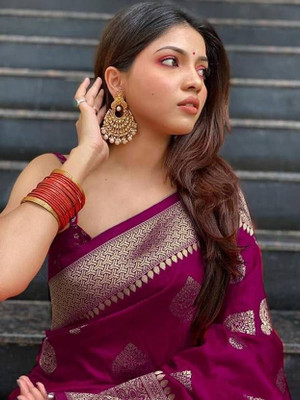 KANGLI Woven Banarasi Cotton Silk Saree(Purple, Gold)