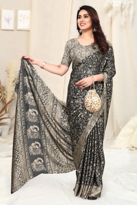 MIRCHI FASHION Printed, Floral Print Kalamkari Chiffon, Georgette Saree(Black, Beige)