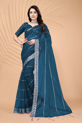 PATTARI Embroidered Bollywood Net Saree(Blue)