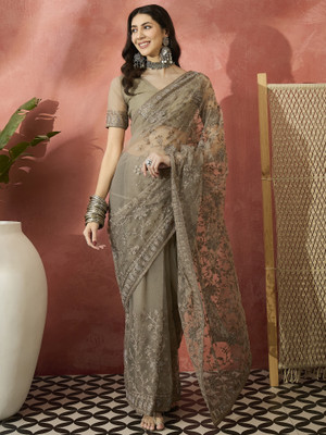 Sangria Embroidered Saree with Attached Blouse Net Saree(Beige)