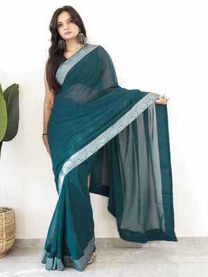 Akhilam Embellished Pre Draped Saree Georgette Saree(Blue)