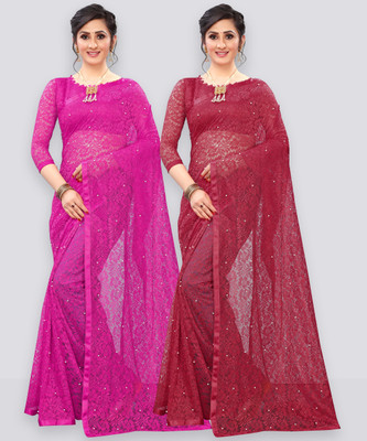 LOROFY Self Design Bollywood Net Saree(Pack of 2, Maroon, Pink)