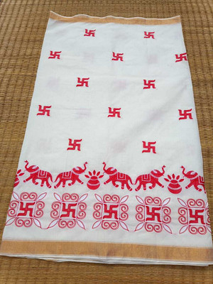 Priyongboda Printed Jamdani Handloom Cotton Blend Saree(White, Red)
