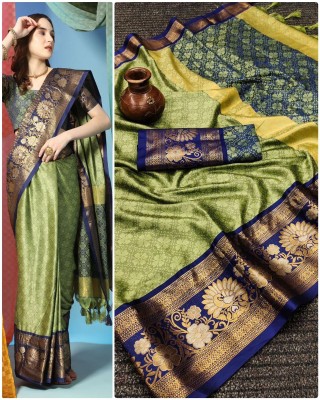SHARIRI Printed, Self Design, Geometric Print, Woven, Graphic Print, Floral Print, Polka Print Bollywood Jacquard, Art Silk Saree(Light Green, Blue)