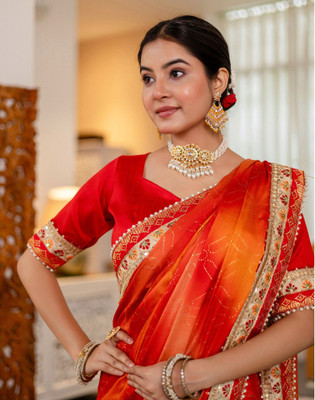 Satrani Printed, Embellished, Embroidered Bandhani Silk Blend Saree(Red)