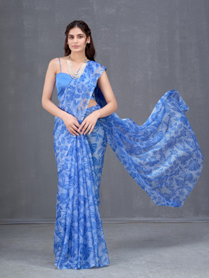 GARDEN VARELI Floral Print Bollywood Chiffon Saree(Blue)