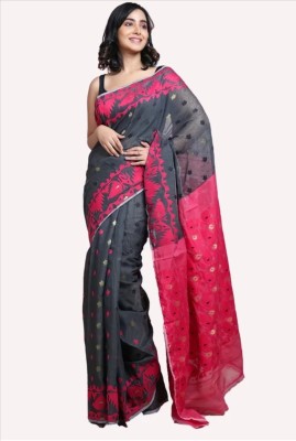 ASIMA TEXTILE Woven Jamdani Cotton Blend Saree(Grey, Pink)