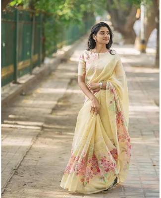 alakh Digital Print Bollywood Cotton Linen Saree(Yellow)