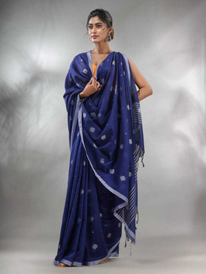SAYAN CREATION Self Design Handloom Pure Cotton Saree(Blue)