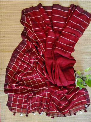 sahatextiledam Checkered Handloom Linen Saree(Red)