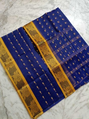 Bikash Dutta Fashion Checkered Tant Pure Cotton Saree(Dark Blue, Yellow)