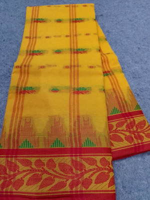DPTEXTILE Temple Border Tant Pure Cotton Saree(Yellow)