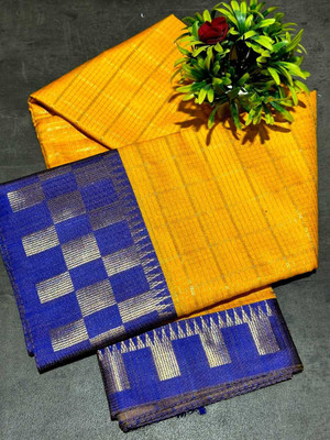 JbWorld Self Design, Woven, Checkered Chettinadu Cotton Silk, Pure Silk Saree(Yellow, Blue)