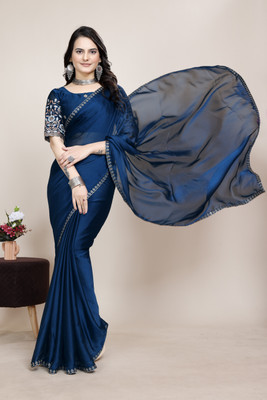 V AMAN FASHION Solid/Plain Bollywood Silk Blend Saree(Blue)