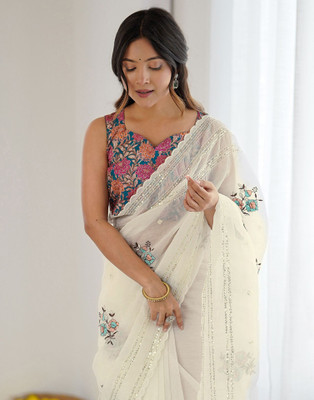 Satrani Embroidered Bollywood Tissue Saree(White)