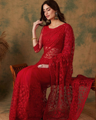 Hirank Embroidered Bollywood Net Saree(Red)