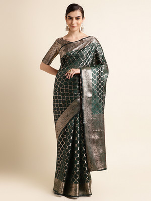HouseOfCommon Self Design, Dyed, Woven Daily Wear Organza Saree(Dark Green)
