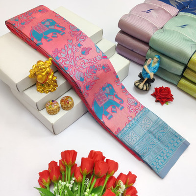 het designer studio Floral Print, Applique, Blocked Printed, Embroidered, Woven, Self Design Bollywood Georgette Saree(Pink, Light Blue)