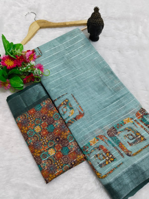 HouseOfCommon Woven Kanjivaram Linen, Cotton Linen Saree(Pack of 2, Light Blue)