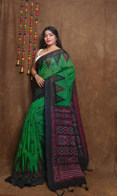 binita Self Design Sambalpuri Cotton Blend Saree(Dark Green)