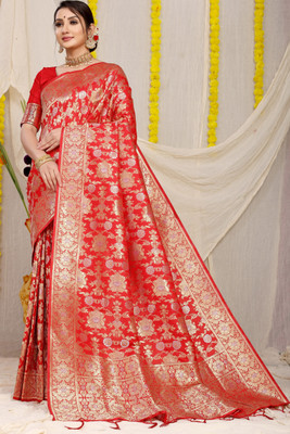 HouseOfCommon Self Design Banarasi Pure Silk Saree(Red)