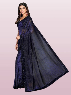 Vragi Floral Print Bollywood Lycra Blend Saree(Dark Blue)