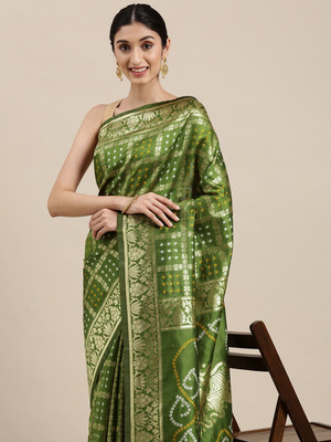 Tasrika Self Design Bandhani Silk Blend Saree(Light Green)