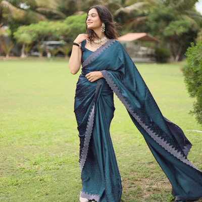 YASHIKA Embellished Bollywood Satin Saree(Blue)