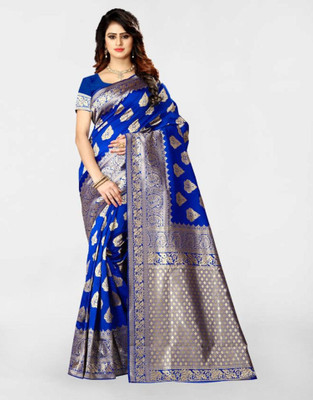 Anmi Woven Banarasi Jacquard, Silk Blend Saree(Dark Blue, Gold)